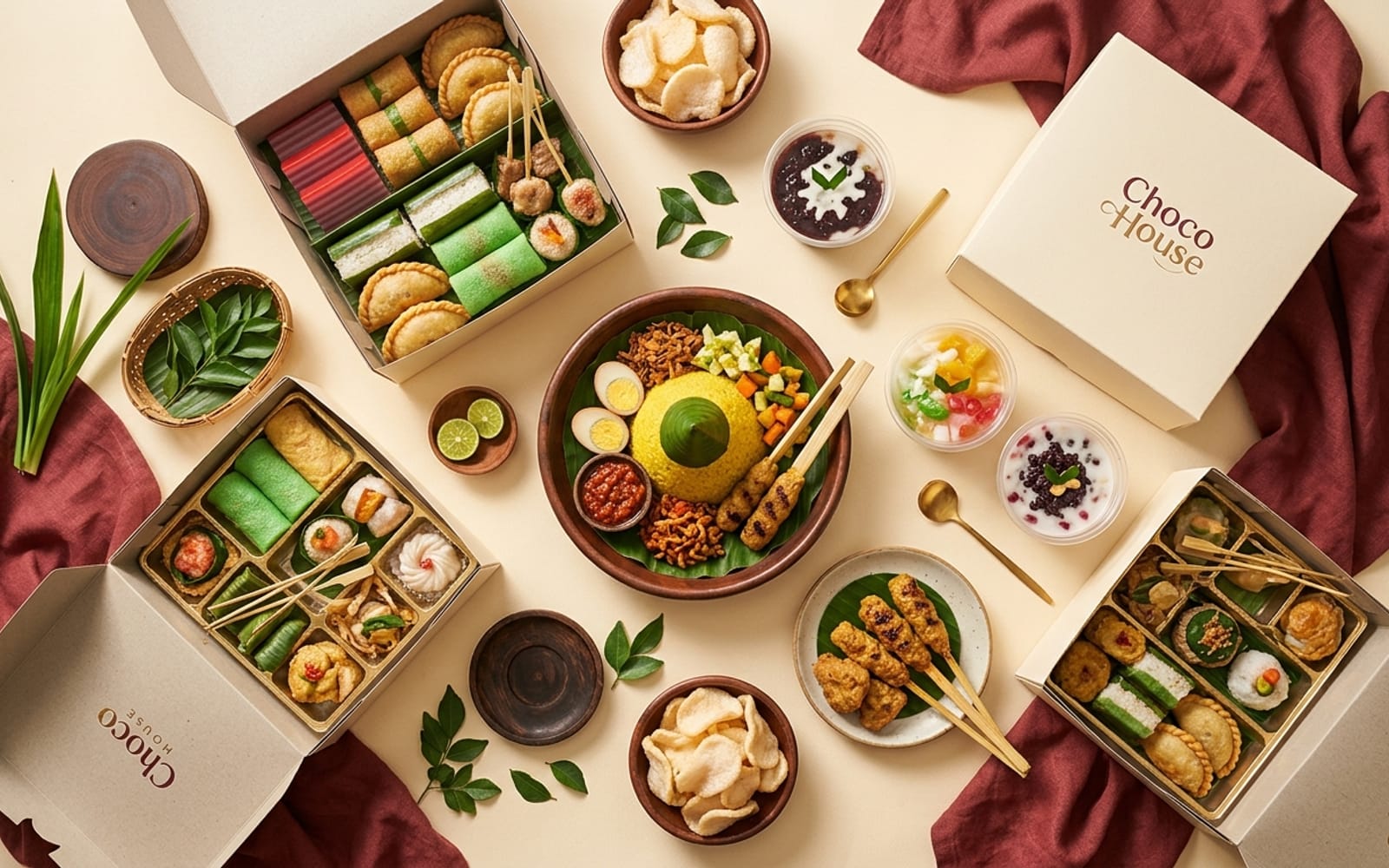 Sajian catering Choco House: nasi tumpeng, snack box, dan hidangan penutup tersusun rapi di atas latar krem dengan aksen linen merah maroon.